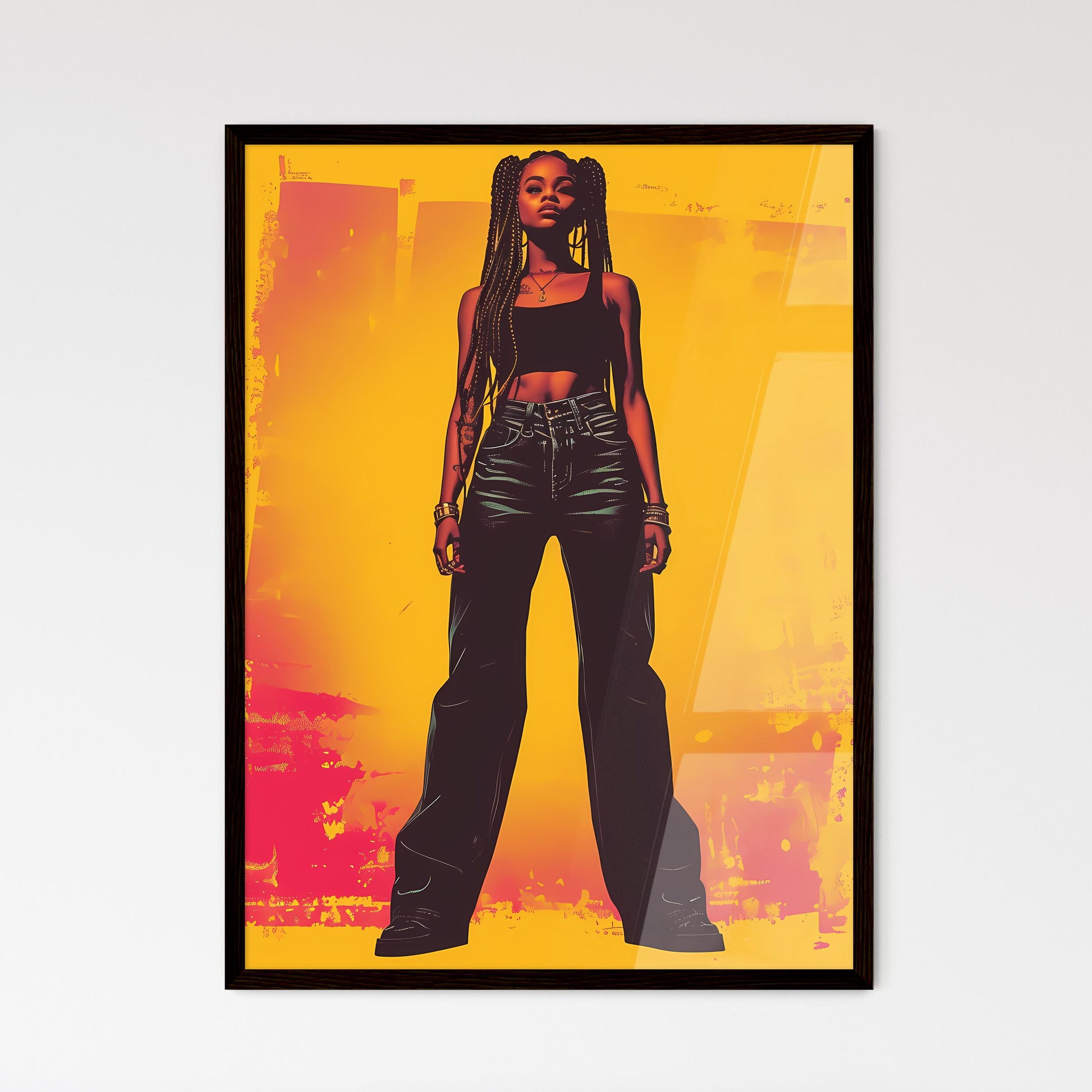A standing woman, listining a music illustrations vector design - Art print of a woman with long braids wearing black pants and a tank top Default Title