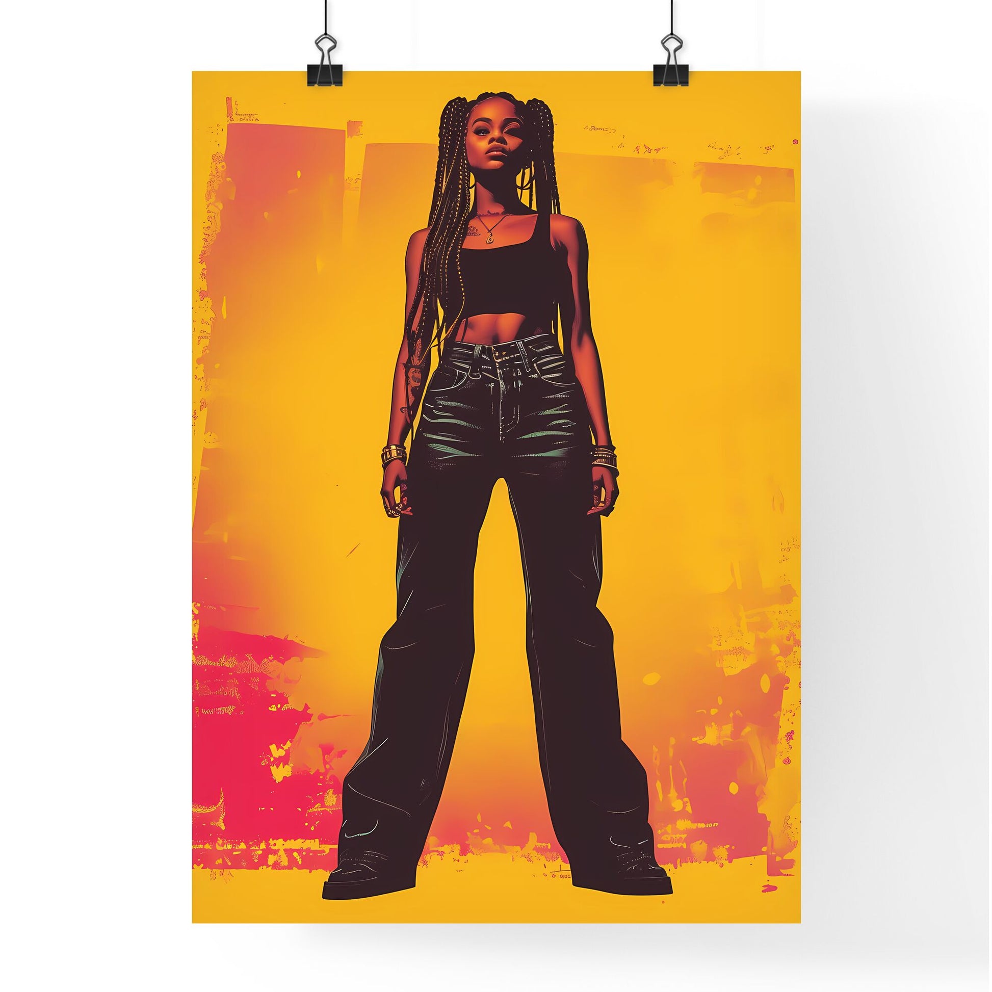 A standing woman, listining a music illustrations vector design - Art print of a woman with long braids wearing black pants and a tank top Default Title