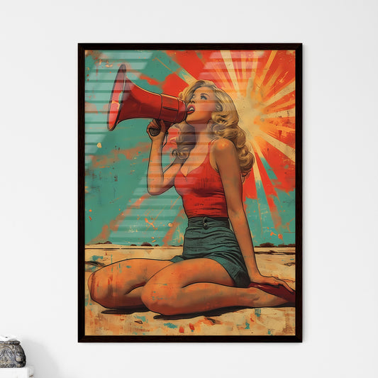 Pin up in 50's style clothes girl sitting wi - Framed Art Print