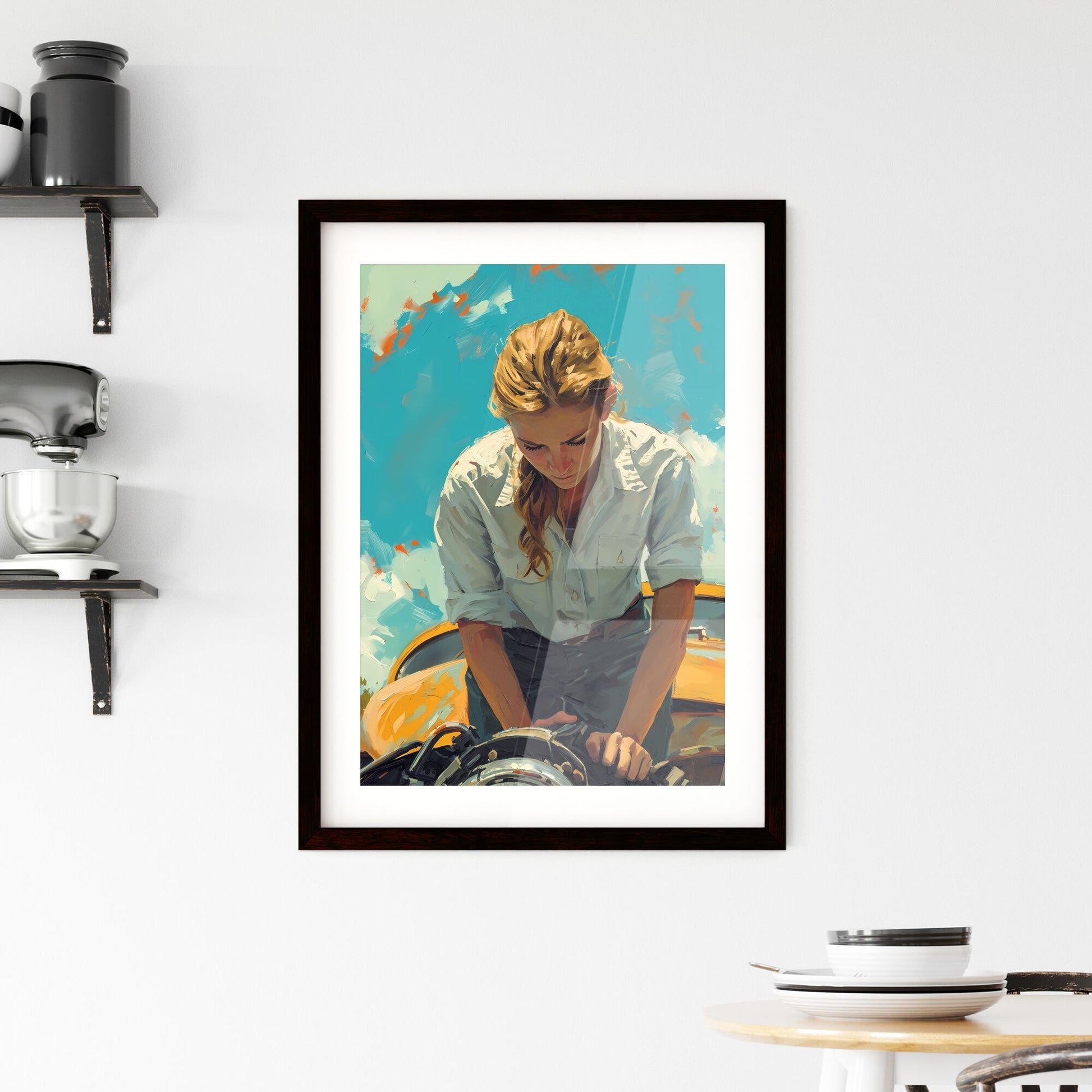 Auto mechanic - Art print of a woman standing on a yellow car Default Title