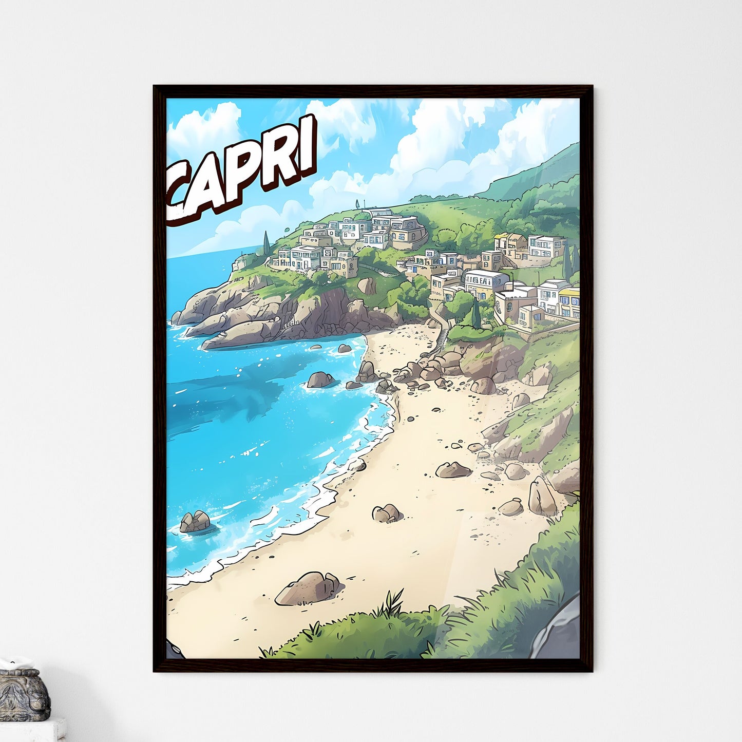 Capri Italy poster with text CAPRI in bodony - Framed Art Print