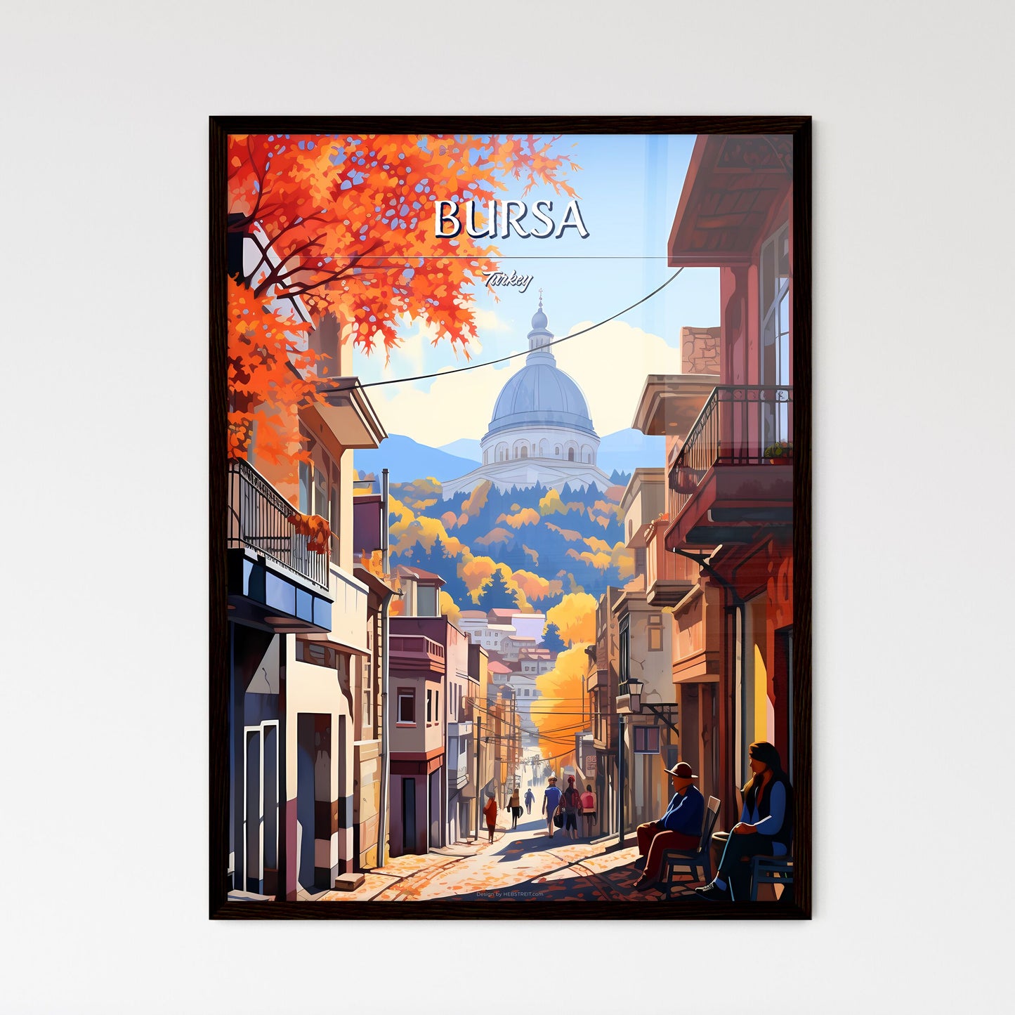 Bursa, Turkey - Art print of a street with people sitting on a bench and trees with a dome in the background Framed Art