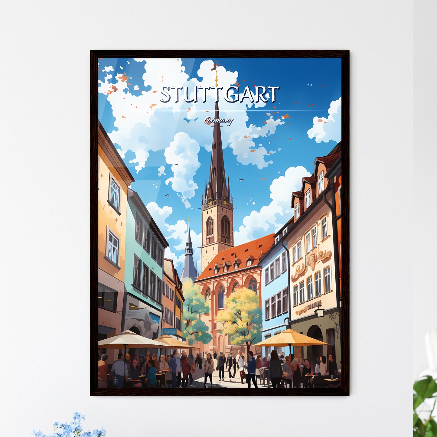 Stuttgart, Germany - Art print of a street with buildings and a tall tower Framed Art