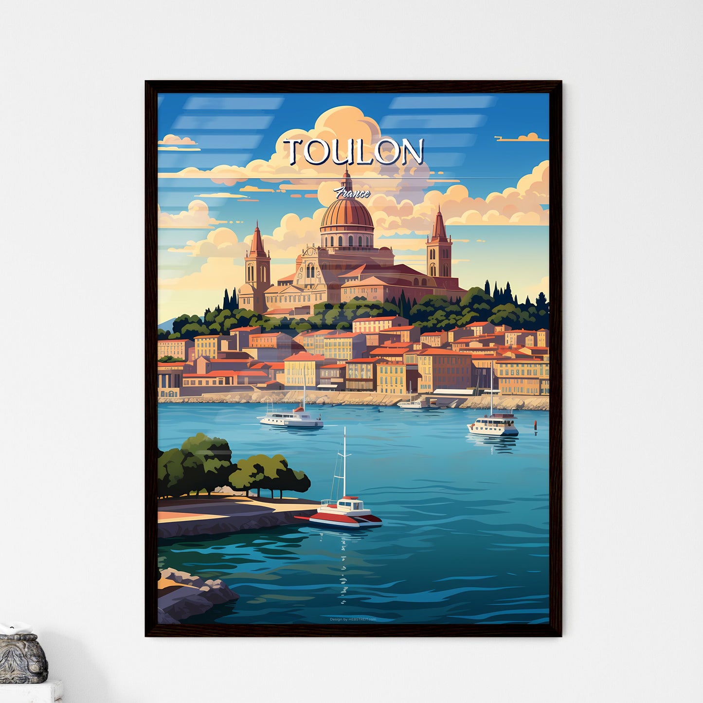 Toulon, France - Art print of a city with a dome on a hill surrounded by water Framed Art