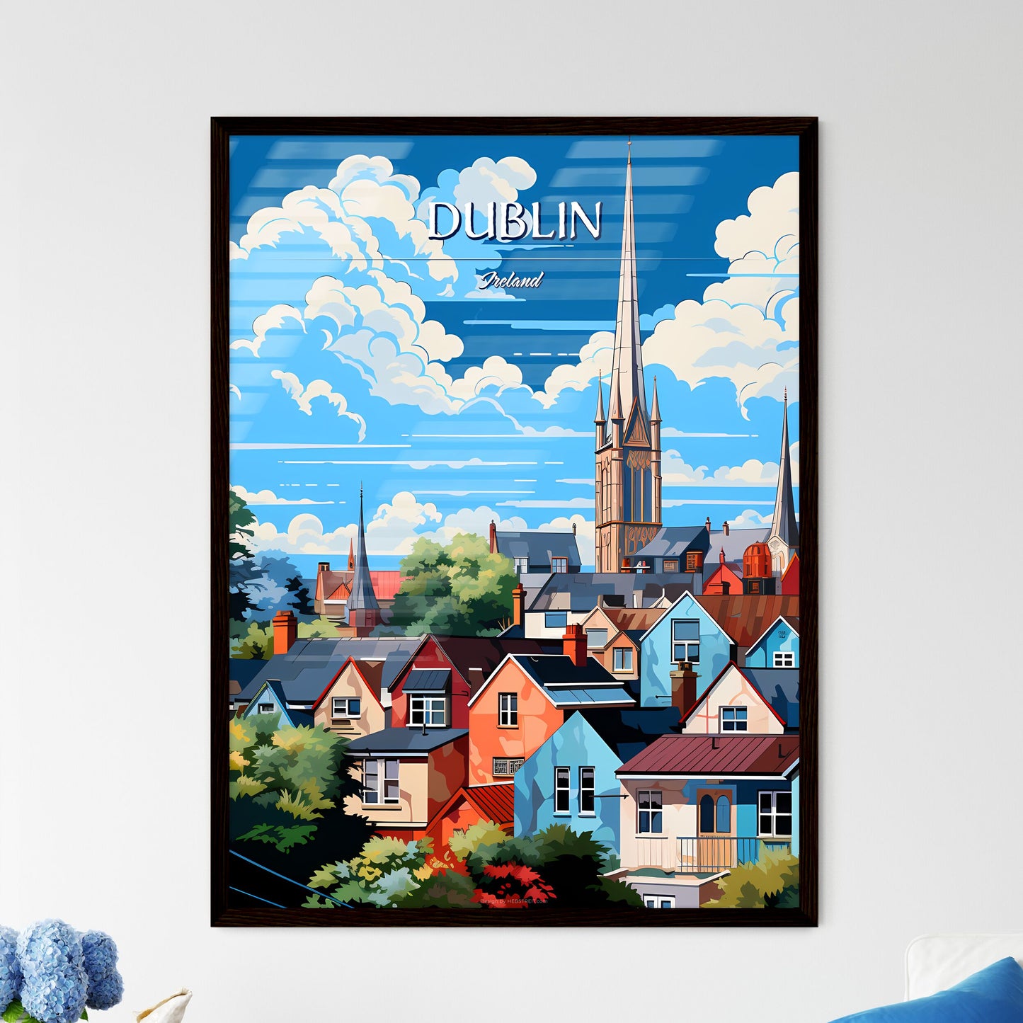 Dublin, Ireland - Art print of a group of houses with a tall spire Framed Art