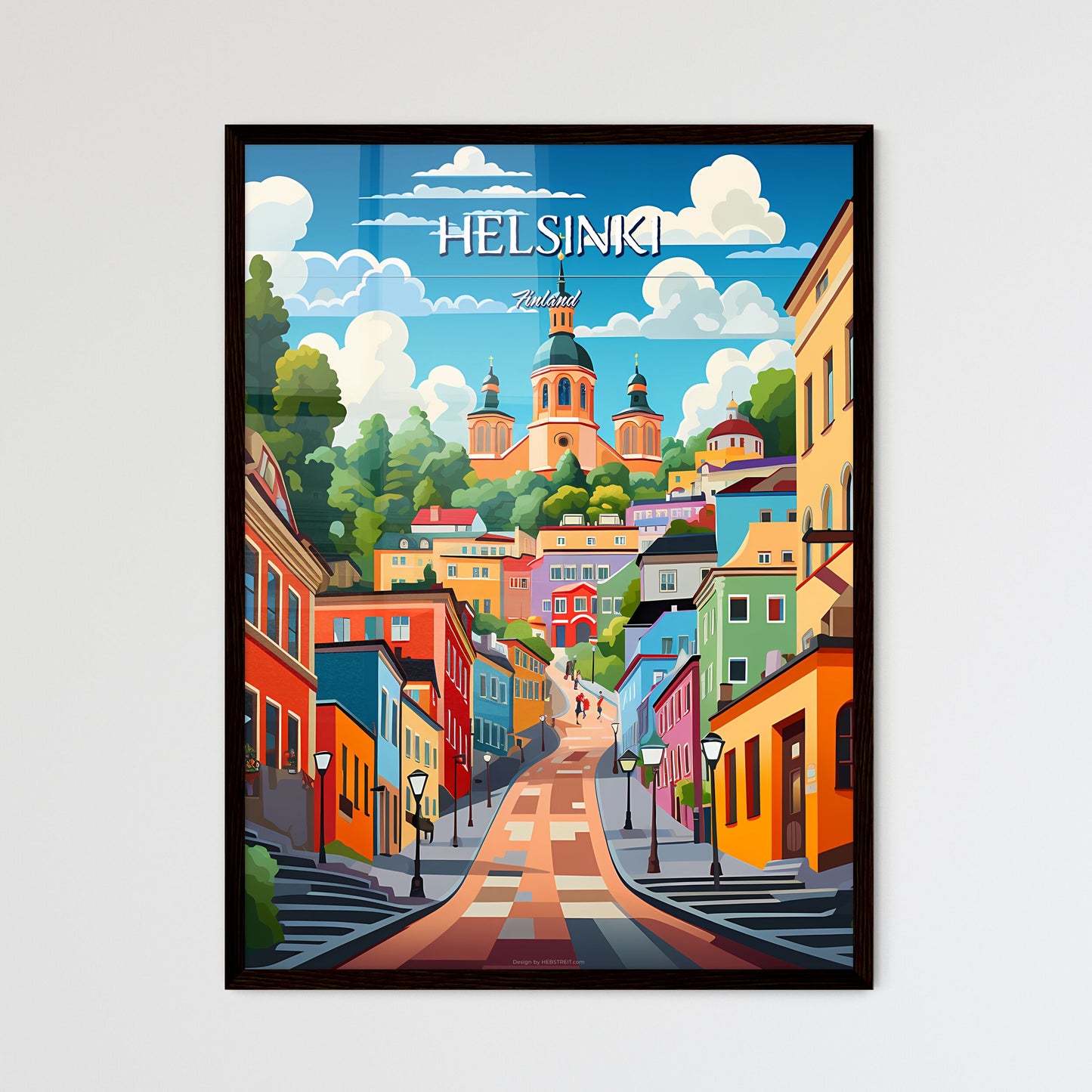 Helsinki, Finland - Art print of a colorful city with a steeple and trees Framed Art