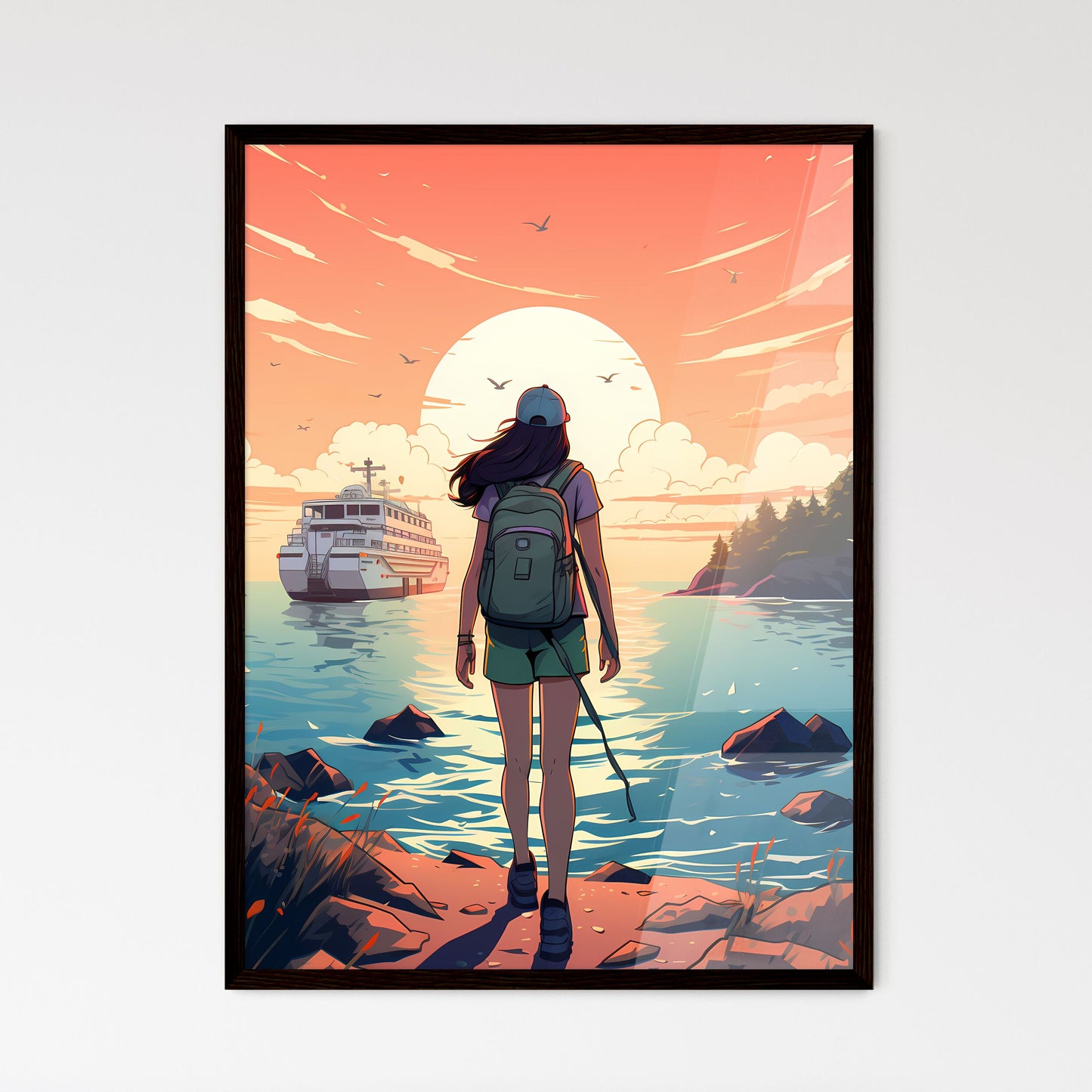 Travel abroad illustration - Art print of a woman standing on a rocky shore looking at a ship Default Title