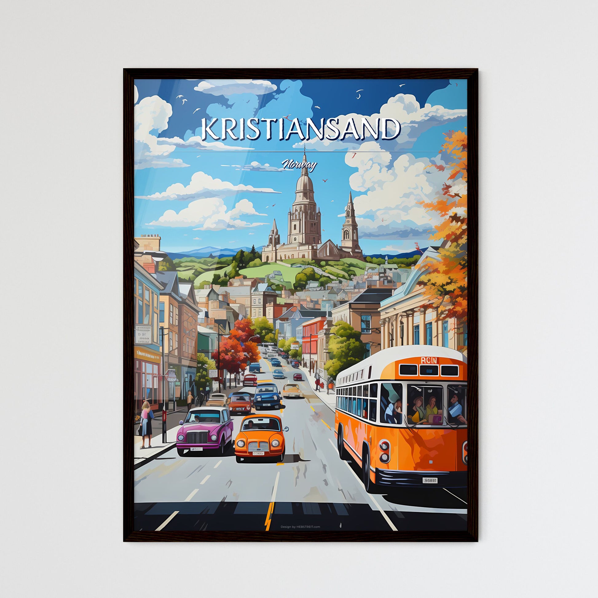 Kristiansand, Norway - Art print of a street with cars and buses on it Framed Art