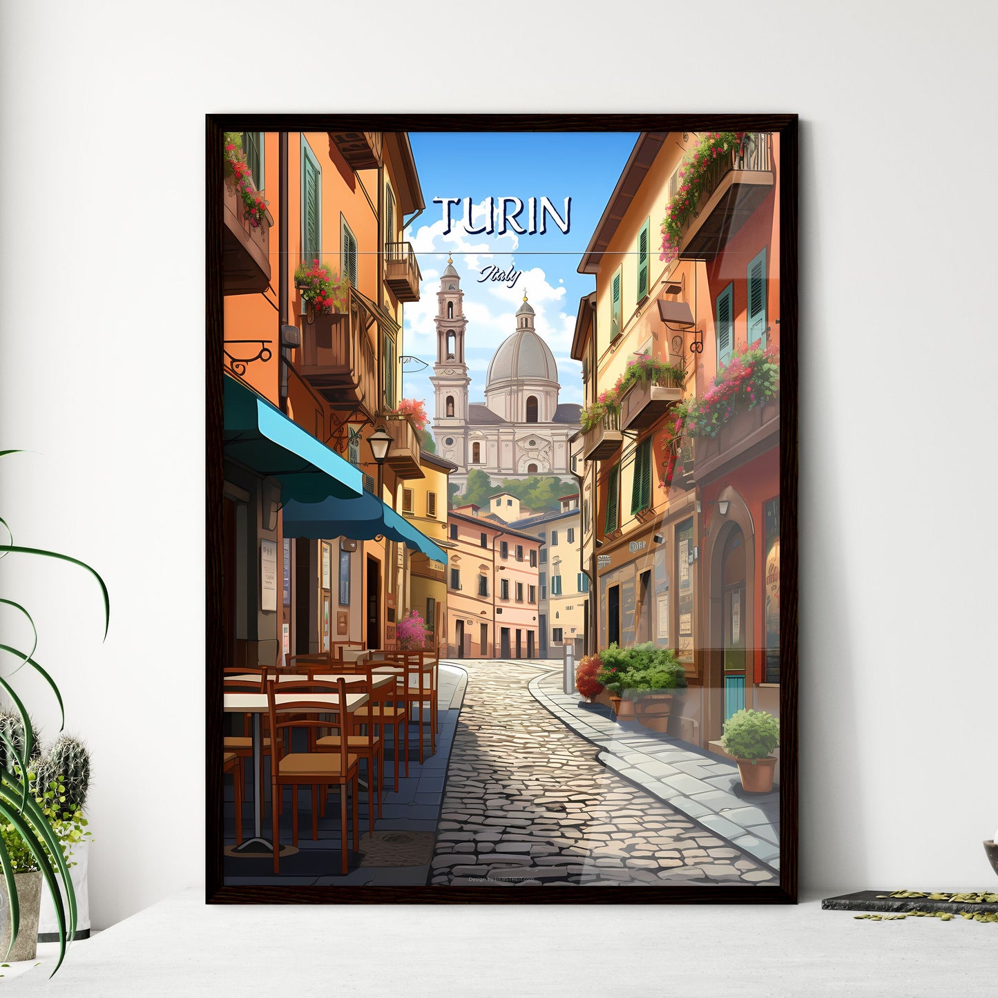 Turin, Italy - Art print of a street with tables and chairs in front of a building Framed Art