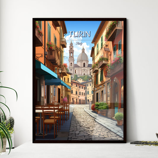 Turin, Italy - Art print of a street with tables and chairs in front of a building Framed Art