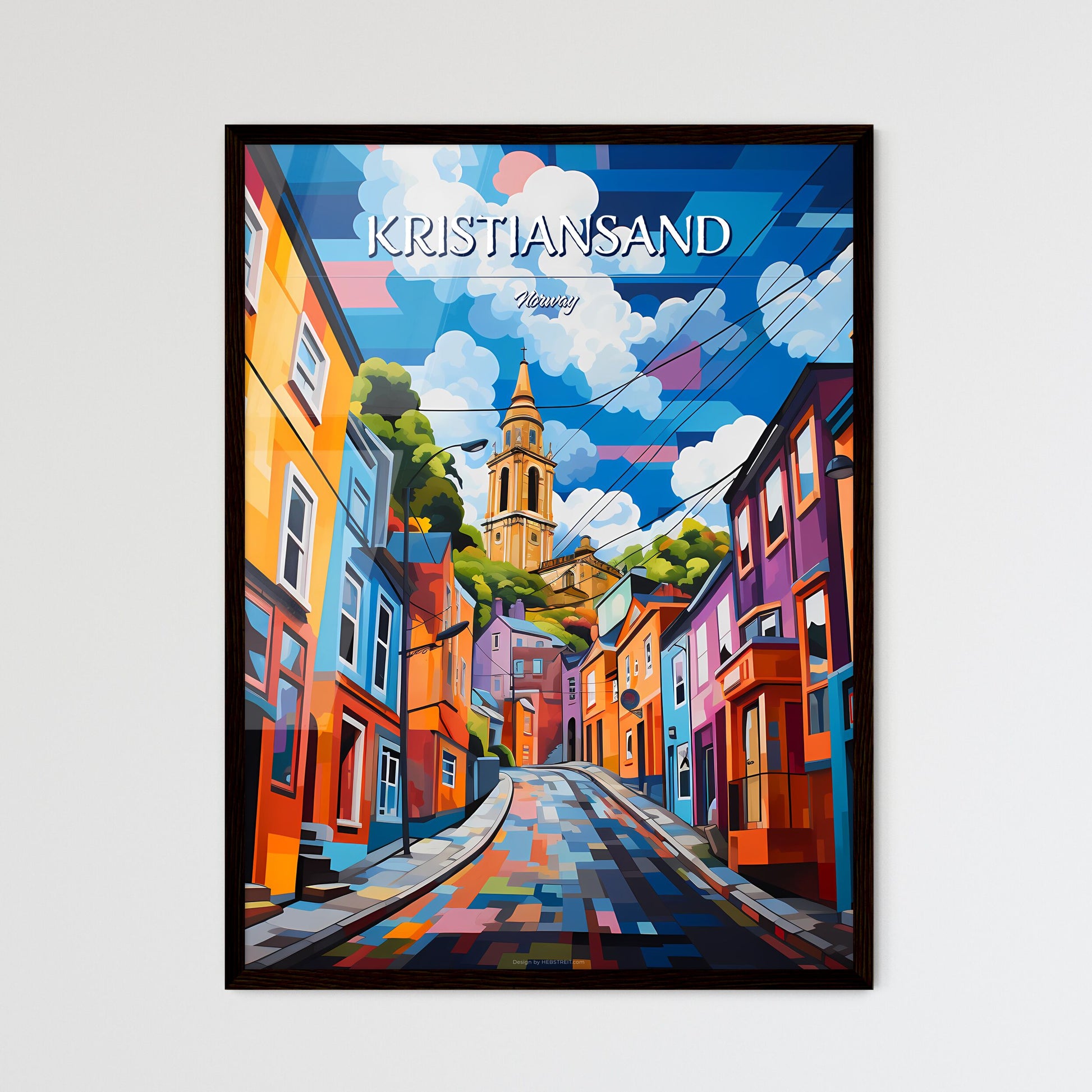 Kristiansand, Norway - Art print of a colorful street with a tower in the background Framed Art