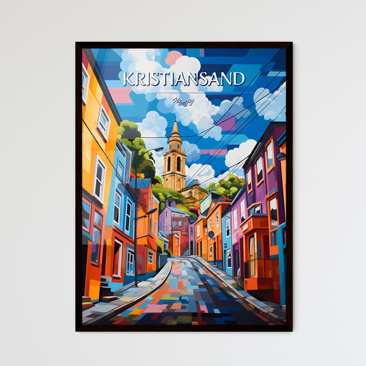 Kristiansand, Norway - Art print of a colorful street with a tower in the background Framed Art