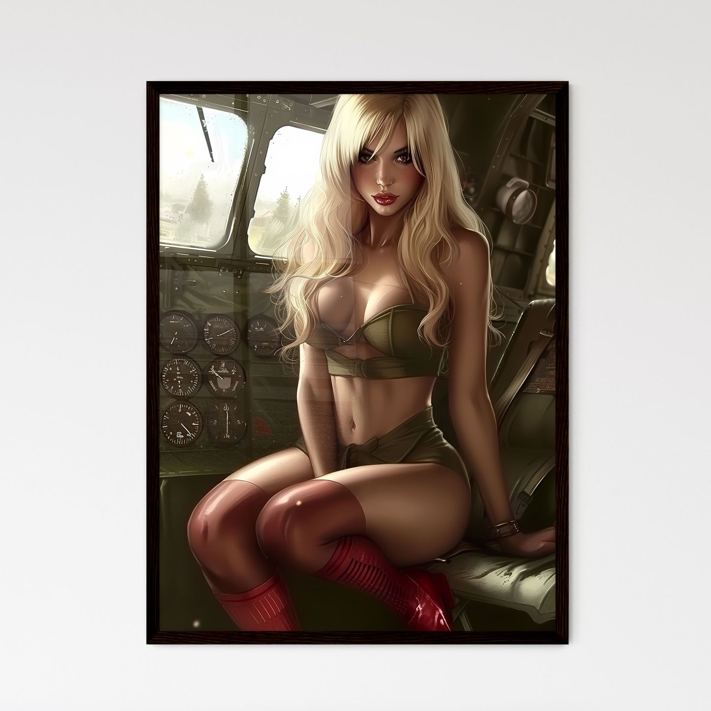 Blonde pin up girl in stockings with red hig - Framed Art Print