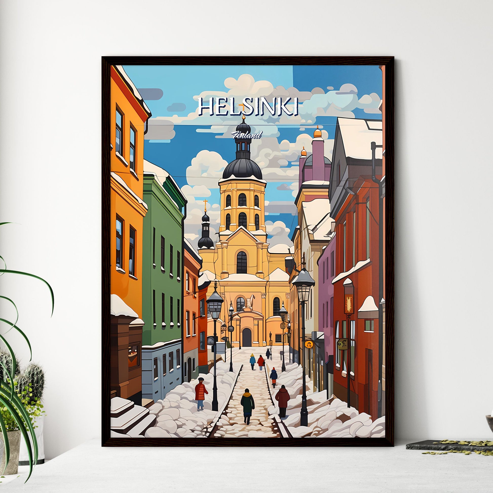 Helsinki, Finland - Art print of a snow covered street with buildings and people walking Framed Art