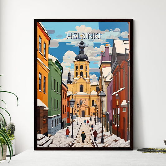 Helsinki, Finland - Art print of a snow covered street with buildings and people walking Framed Art