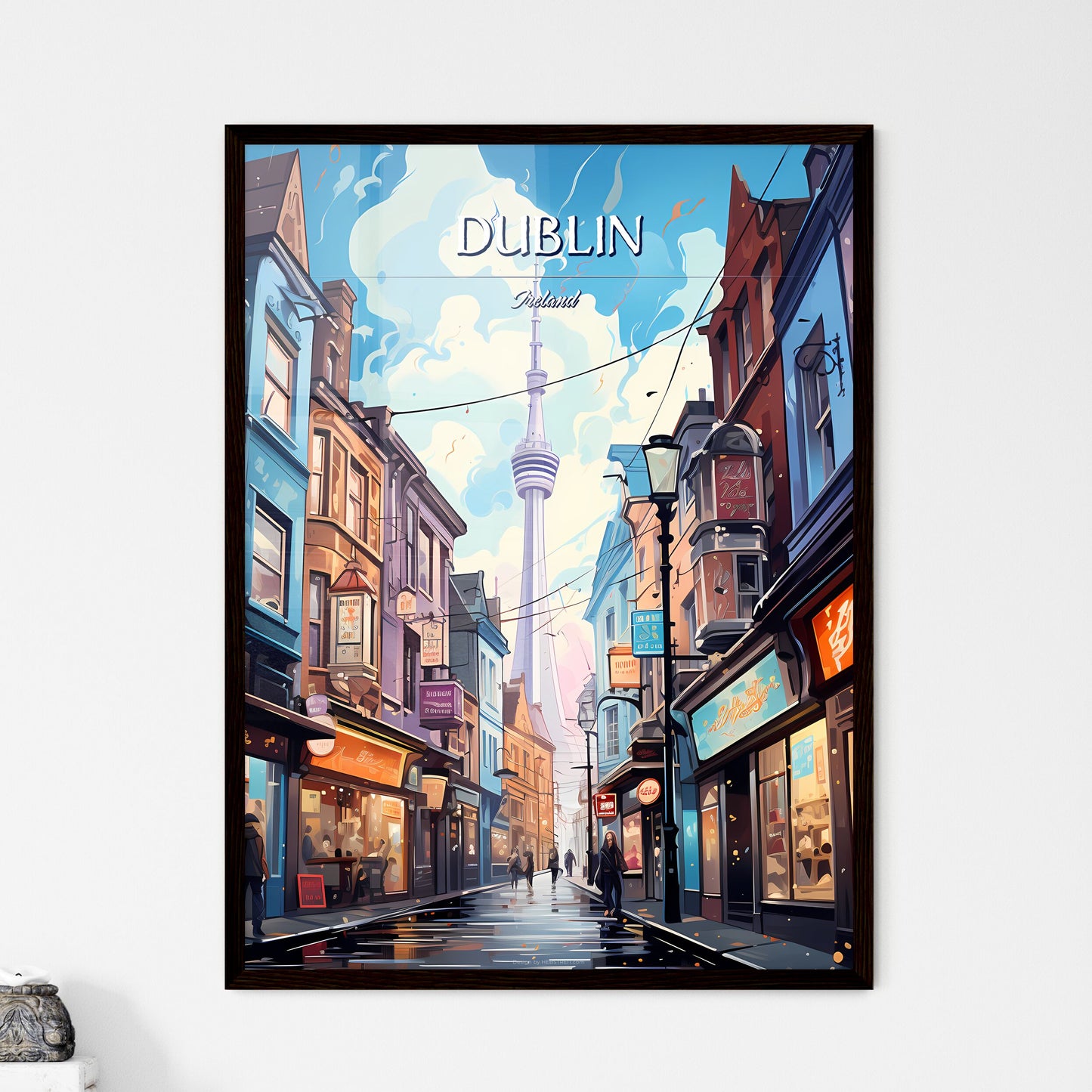 Dublin, Ireland - Art print of a street with buildings and a tower in the background Framed Art