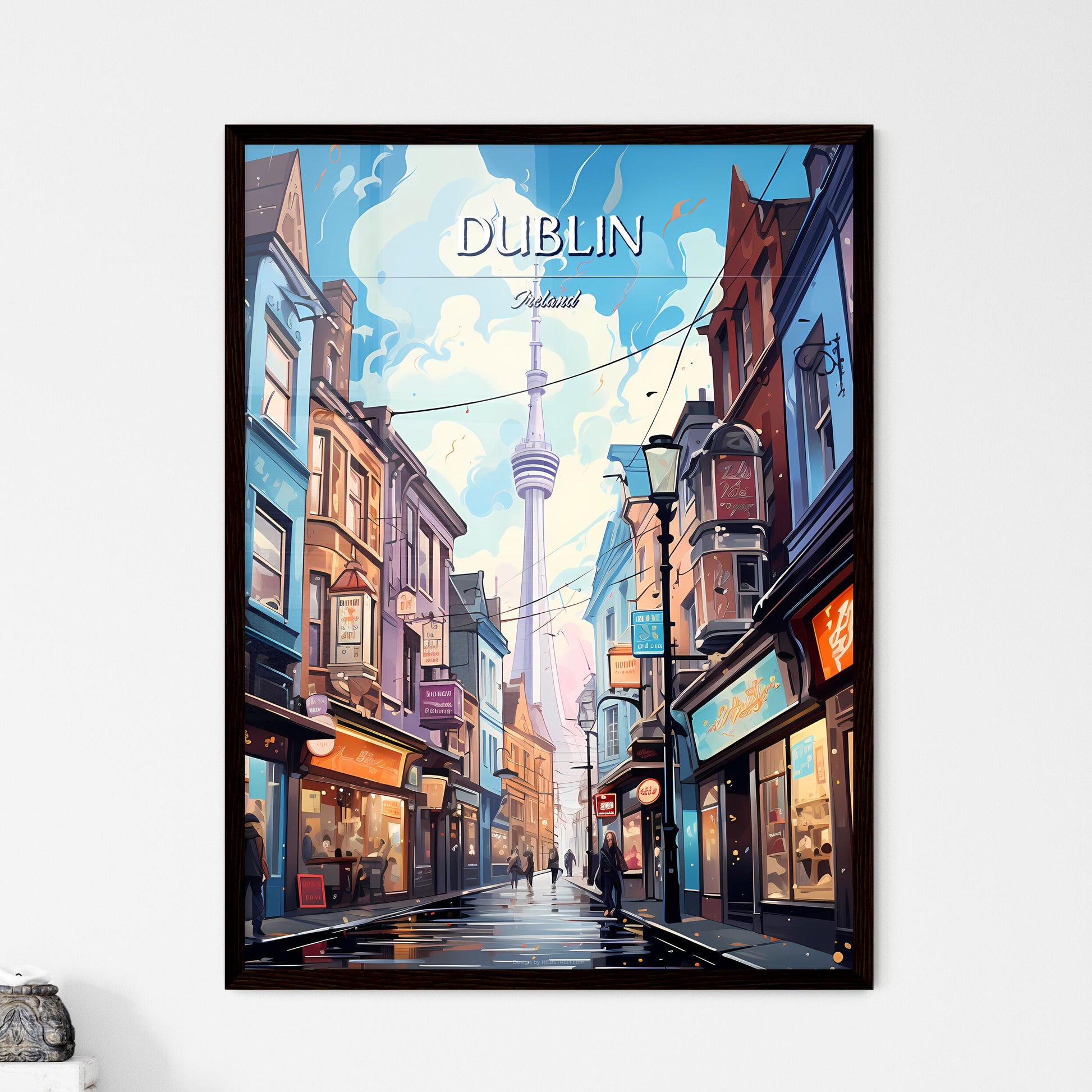Dublin, Ireland - Art print of a street with buildings and a tower in the background Framed Art