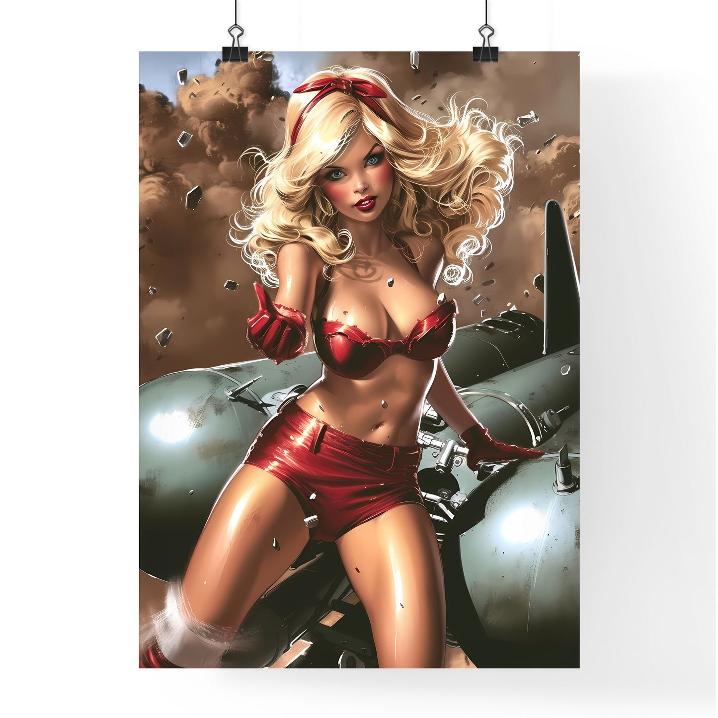 American kitsch style art work of a girl riding a nuke - Art print of a woman in red lingerie and red gloves standing on a plane Default Title