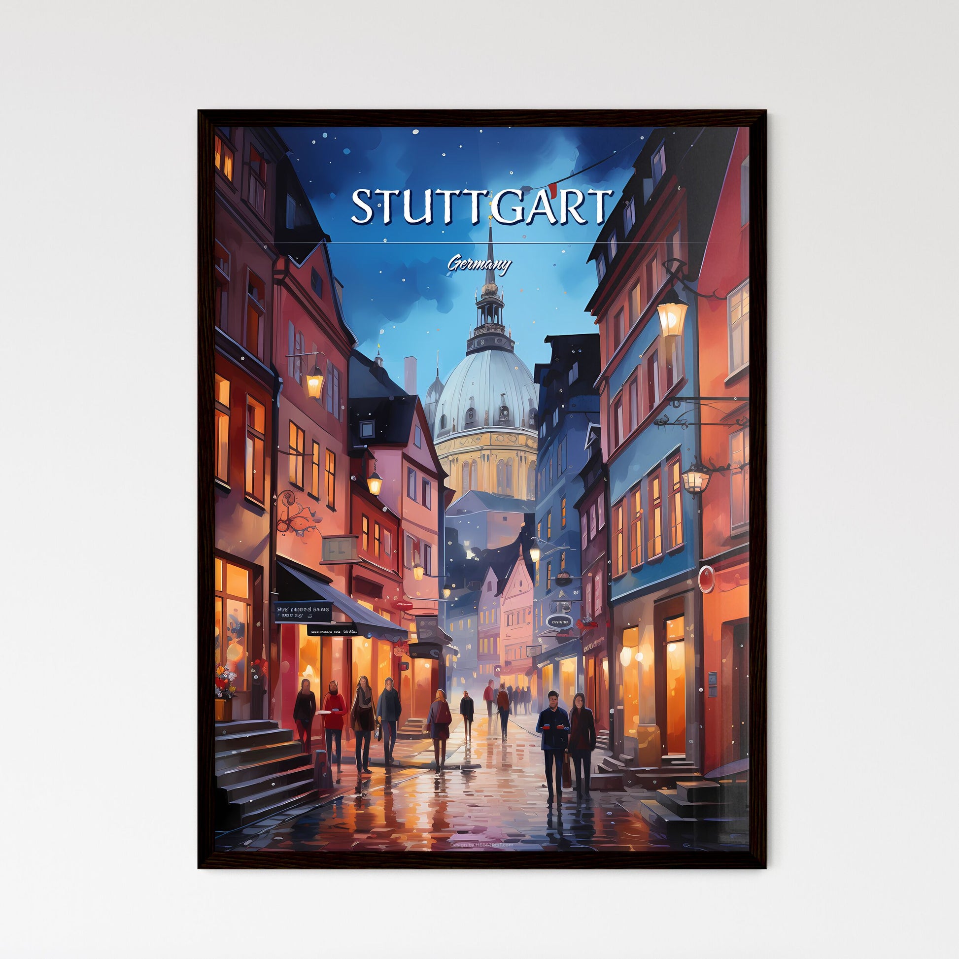 Stuttgart, Germany - Art print of a street with people walking down it Default Title