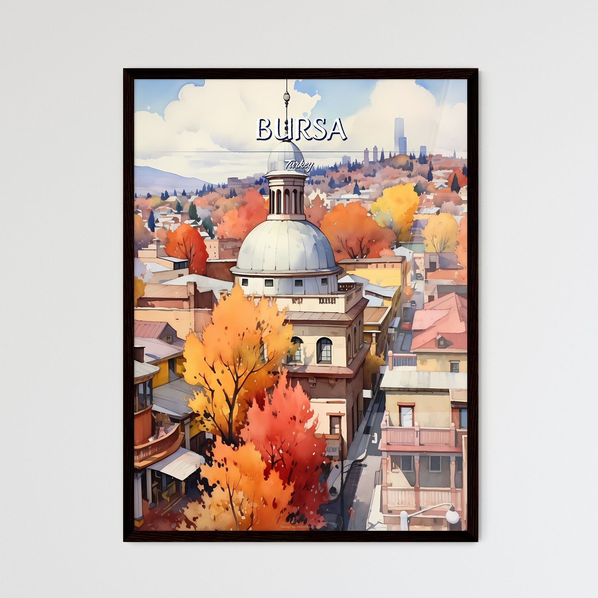 Bursa, Turkey - Art print of a watercolor painting of a city with orange trees Framed Art