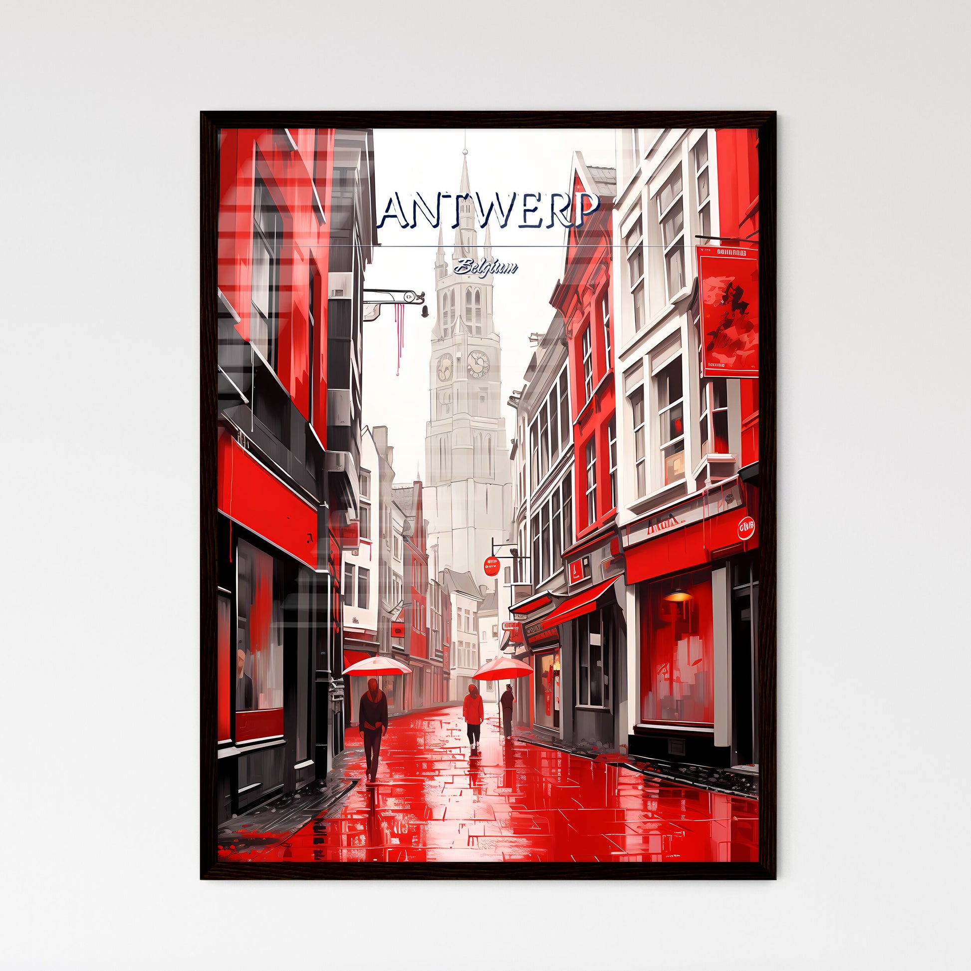 Antwerp, Belgium - Art print of a person walking down a street with red buildings and a clock tower Framed Art