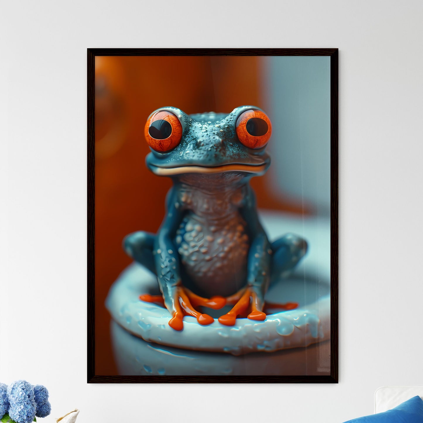 Frog sitting on a tiny toilet  Wall Art