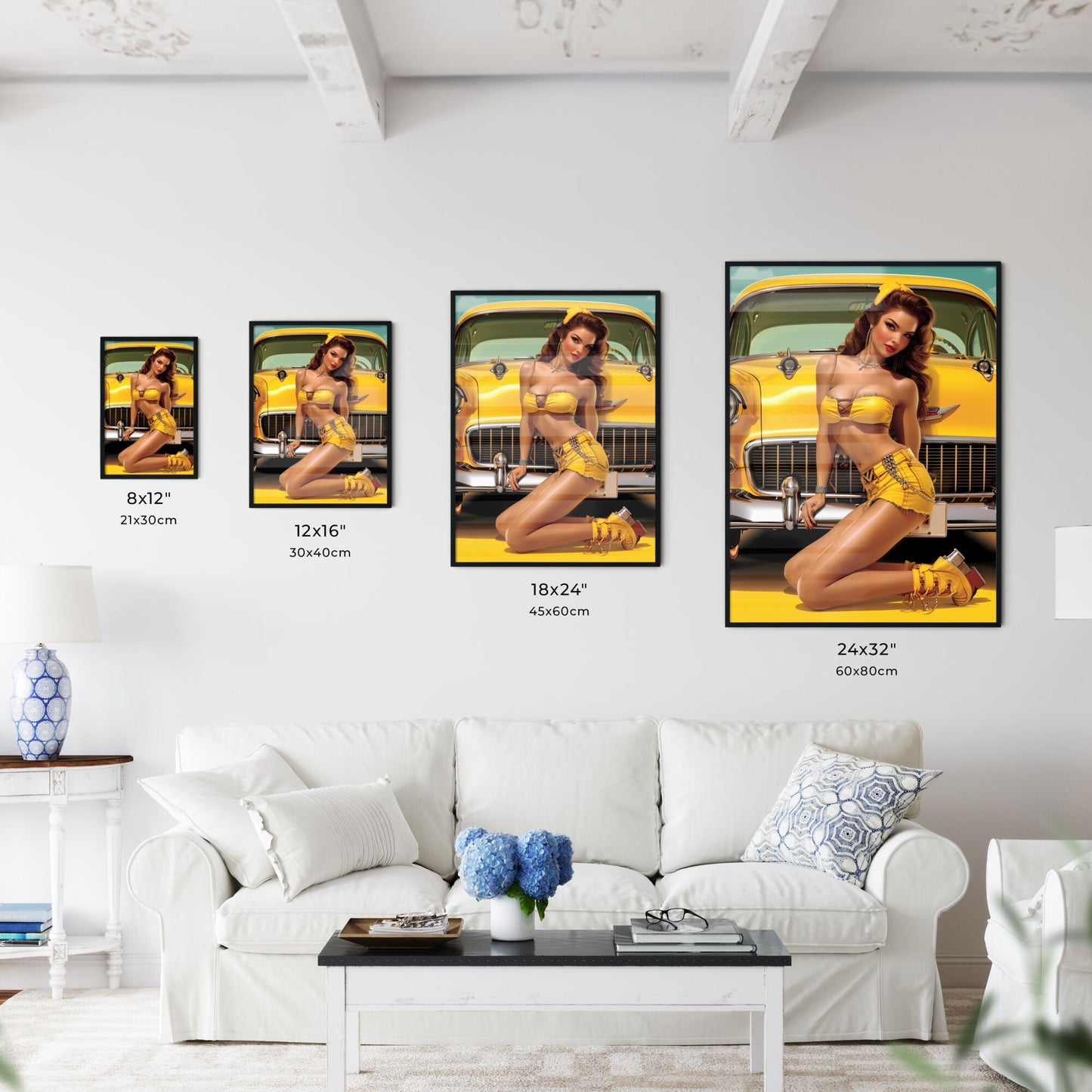 Auto mechanic - Art print of a woman in a yellow garment and shorts posing in front of a yellow car Default Title