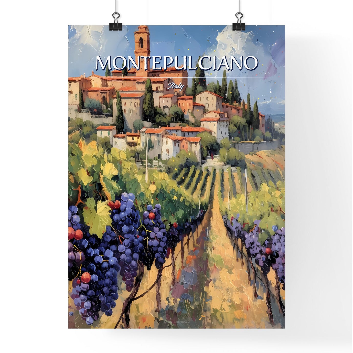 Montepulciano, Italy - Art print of a painting of a town with a vineyard and grapes Default Title