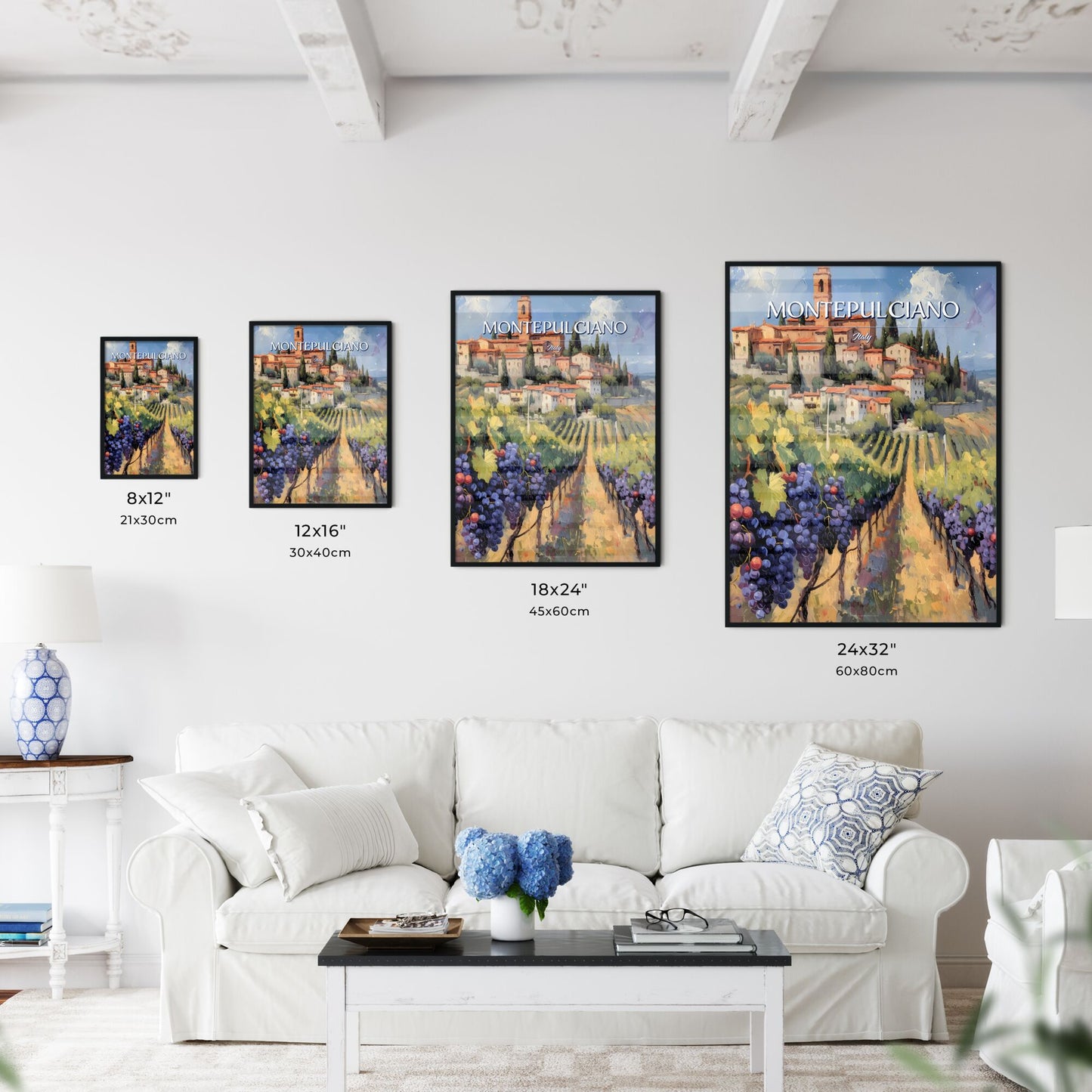 Montepulciano, Italy - Art print of a painting of a town with a vineyard and grapes Default Title