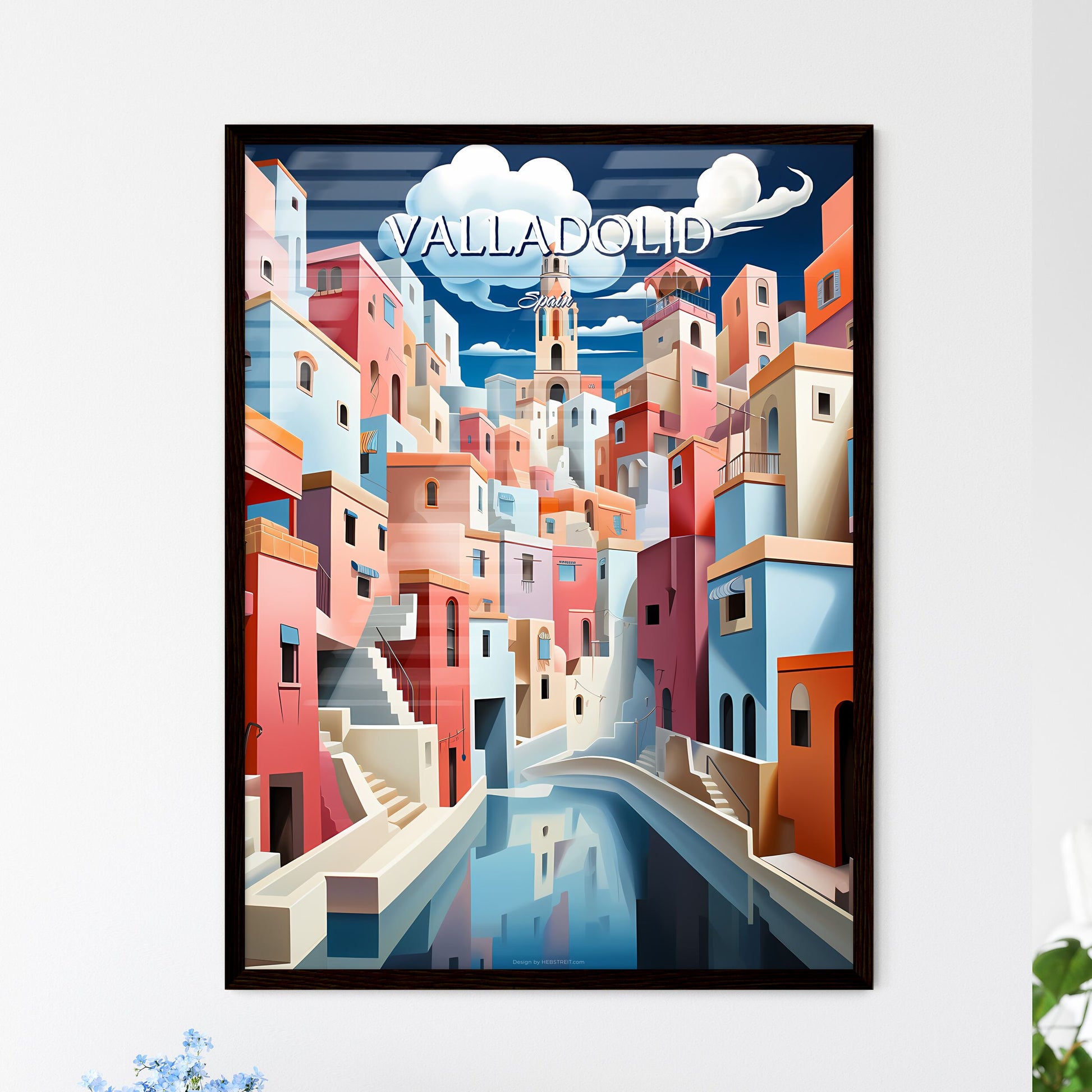 Valladolid, Spain - Art print of a colorful city with a river Framed Art