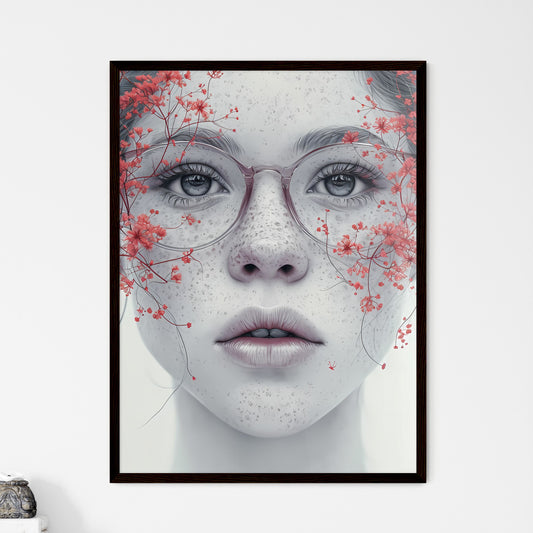 An image of a woman with flowers - Art print of a woman with freckles and glasses with red flowers on her face Default Title
