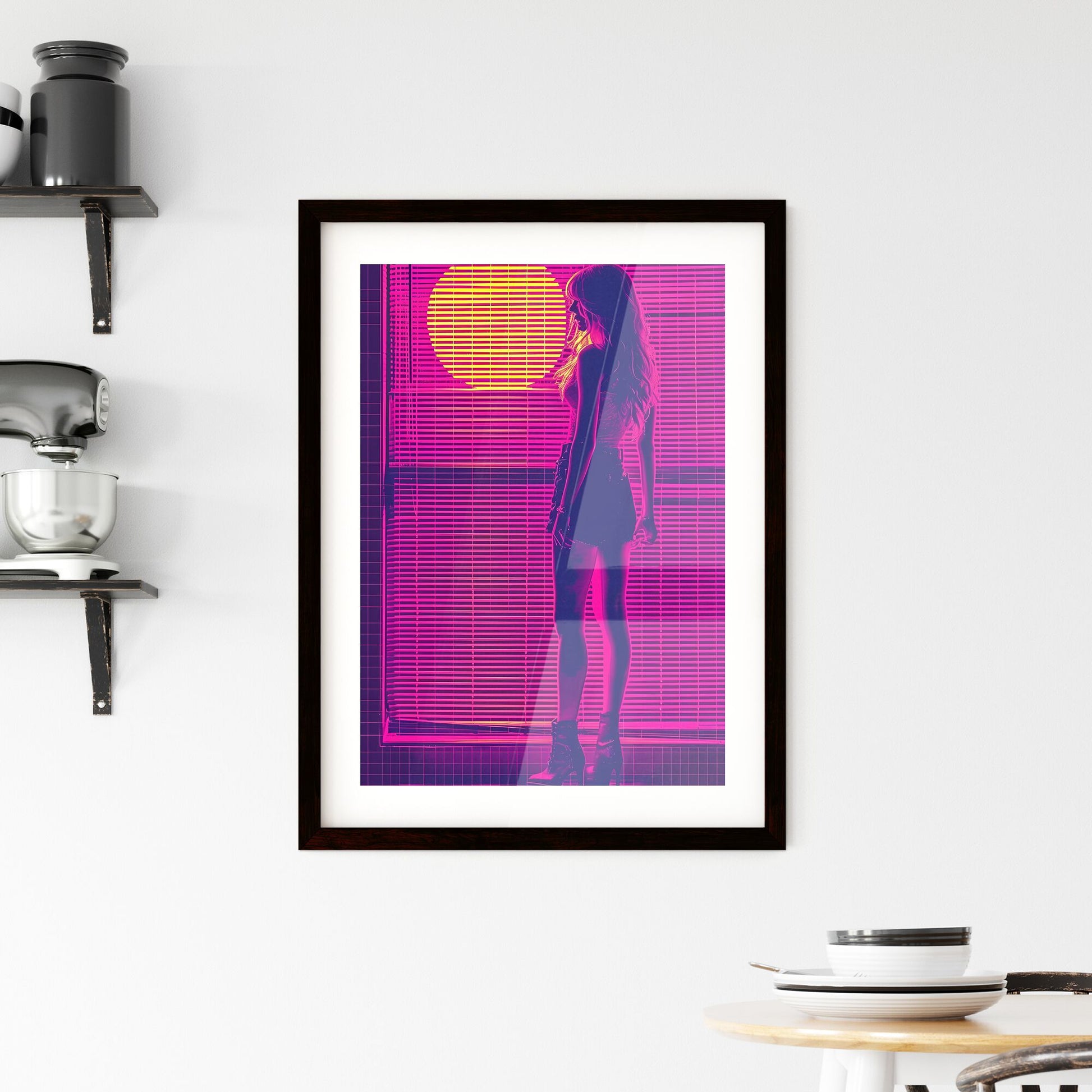 A standing woman, listining a music illustrations vector design - Art print of a woman standing in front of a window with a sun behind her Default Title