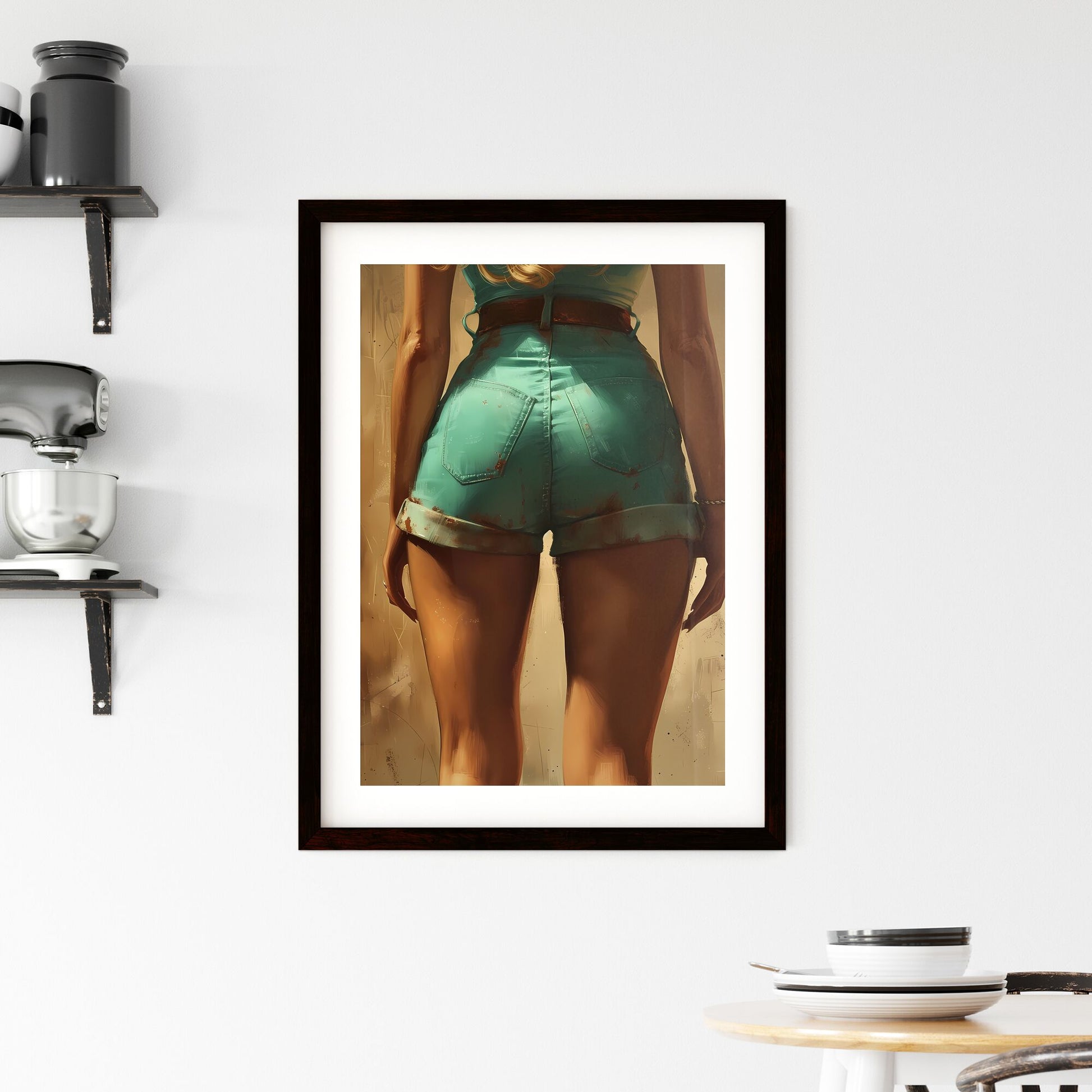 Pin-up girl,Asia, full body, visible toned legs - Art print of a woman_s body in shorts Default Title