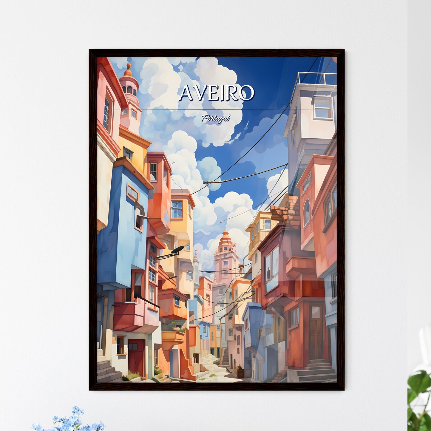 Aveiro, Portugal - Art print of a colorful city with buildings and clouds in the sky Framed Art