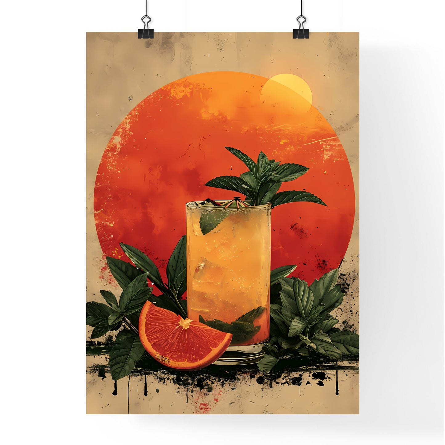 A fruity cocktail radiates hues of yellow - Art print of a glass of orange juice with leaves and orange slice Default Title