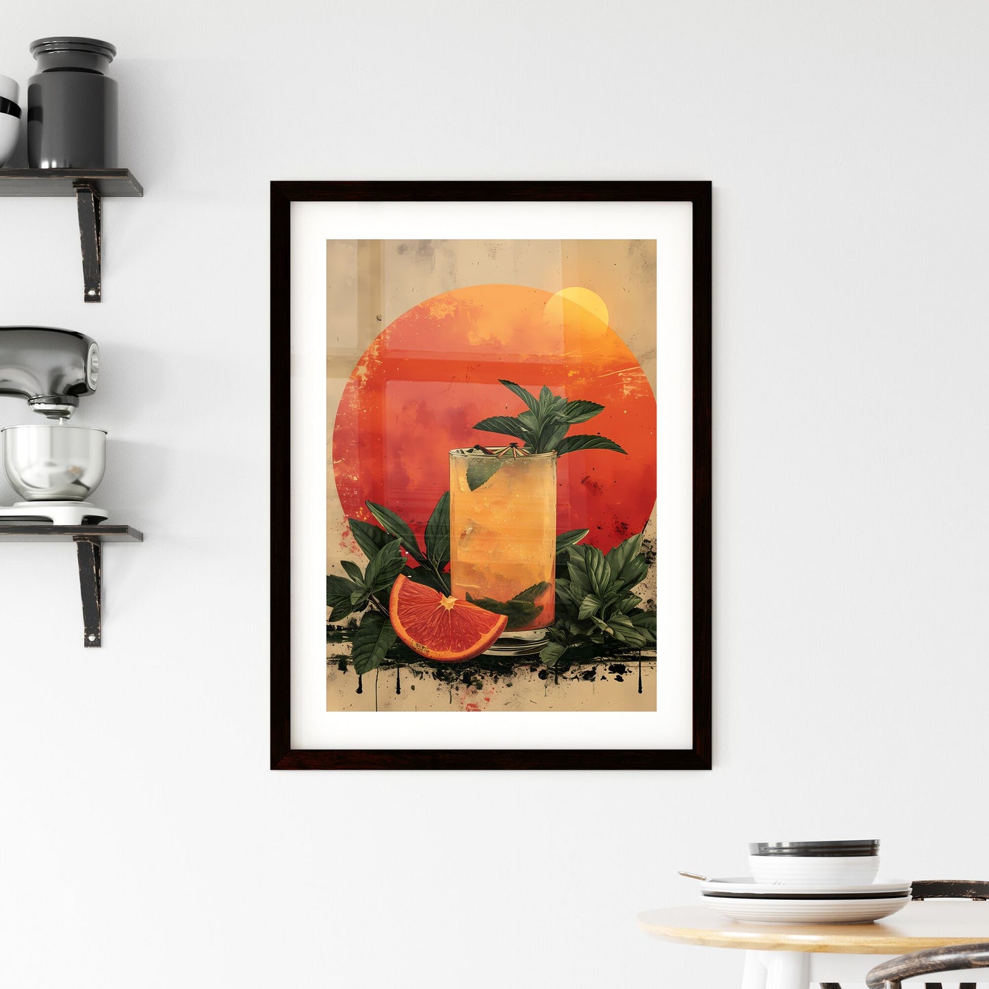 A fruity cocktail radiates hues of yellow - Art print of a glass of orange juice with leaves and orange slice Default Title