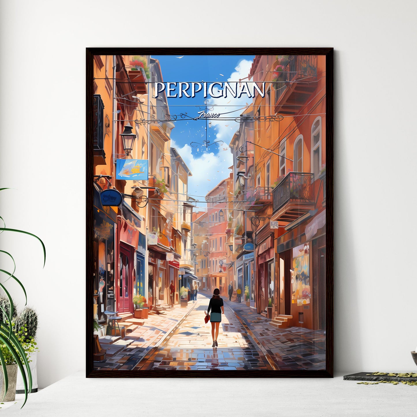 Perpignan, France - Art print of a woman walking down a narrow street with buildings Framed Art
