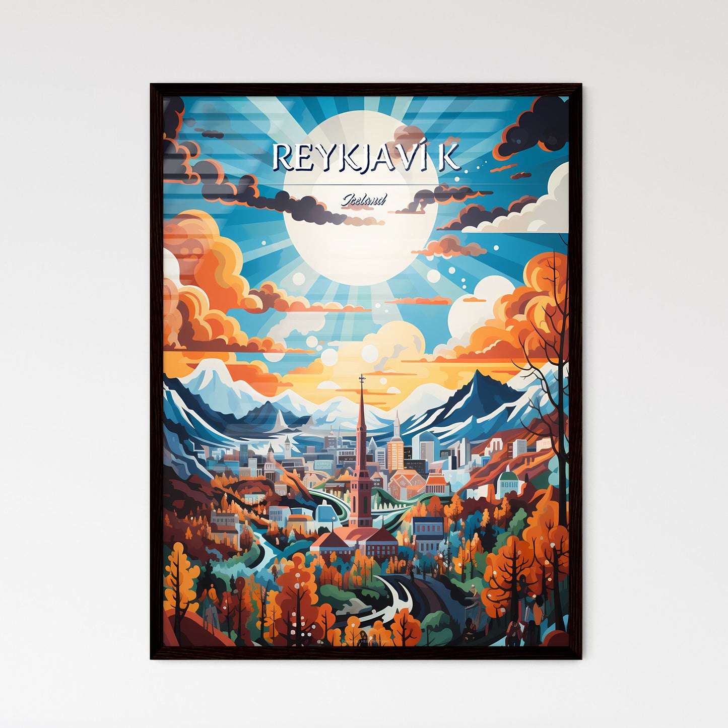 Reykjaví­k, Iceland - Art print of a city in the mountains Framed Art