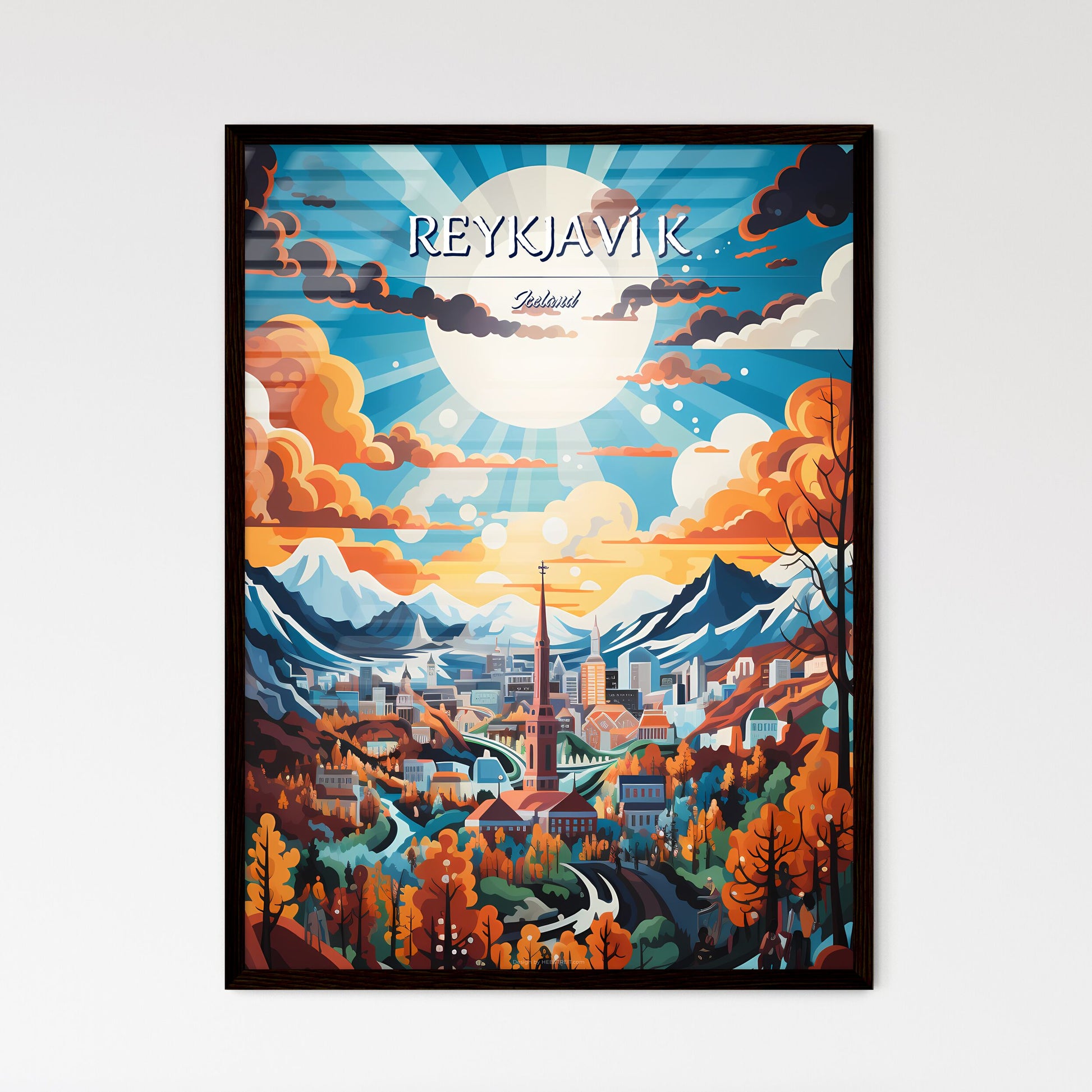 Reykjaví­k, Iceland - Art print of a city in the mountains Framed Art