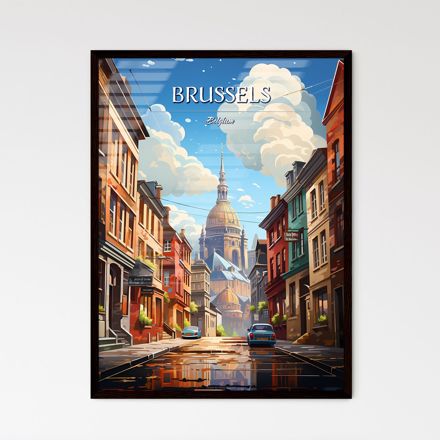Brussels - Art print of a street with buildings and a church in the background Framed Art