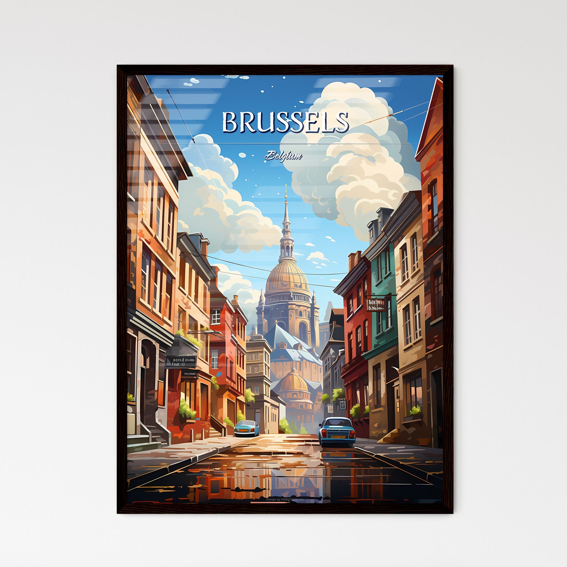 Brussels - Art print of a street with buildings and a church in the background Framed Art