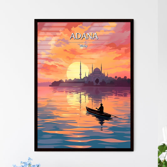 Adana, Turkey - Art print of a person in a boat on water with a sunset in the background Framed Art