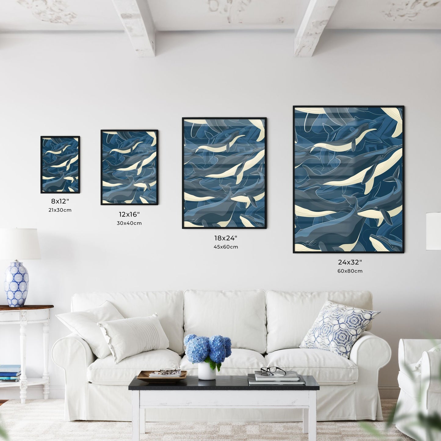 Smiling cute cartoon whales in different poses, swimming in a swirl - Art print of a group of whales in the water Default Title