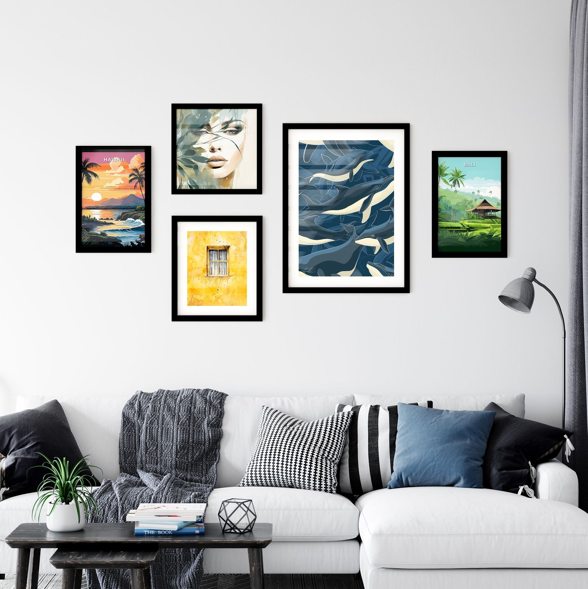 Smiling cute cartoon whales in different poses, swimming in a swirl - Art print of a group of whales in the water Default Title