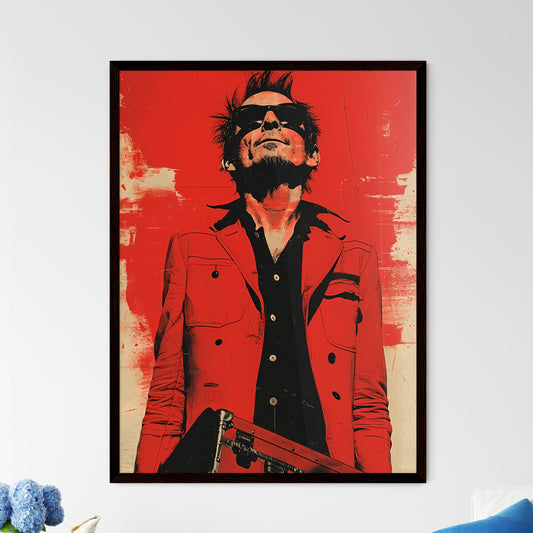 A trendy rocker guy with a pelican case - Art print of a man in sunglasses and a red jacket holding a gun Default Title
