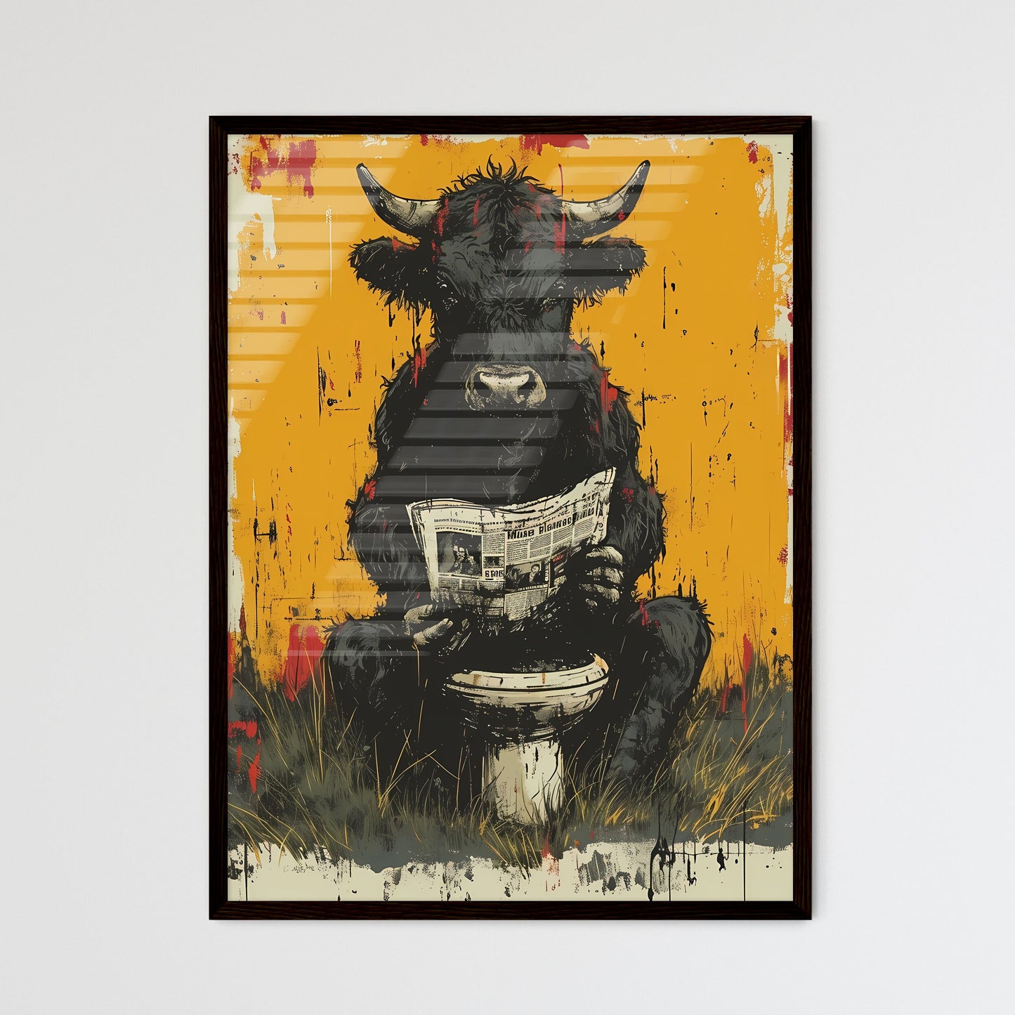 A cow sitting on a tiny toilet - Art print of a bull sitting on a toilet reading a newspaper Default Title