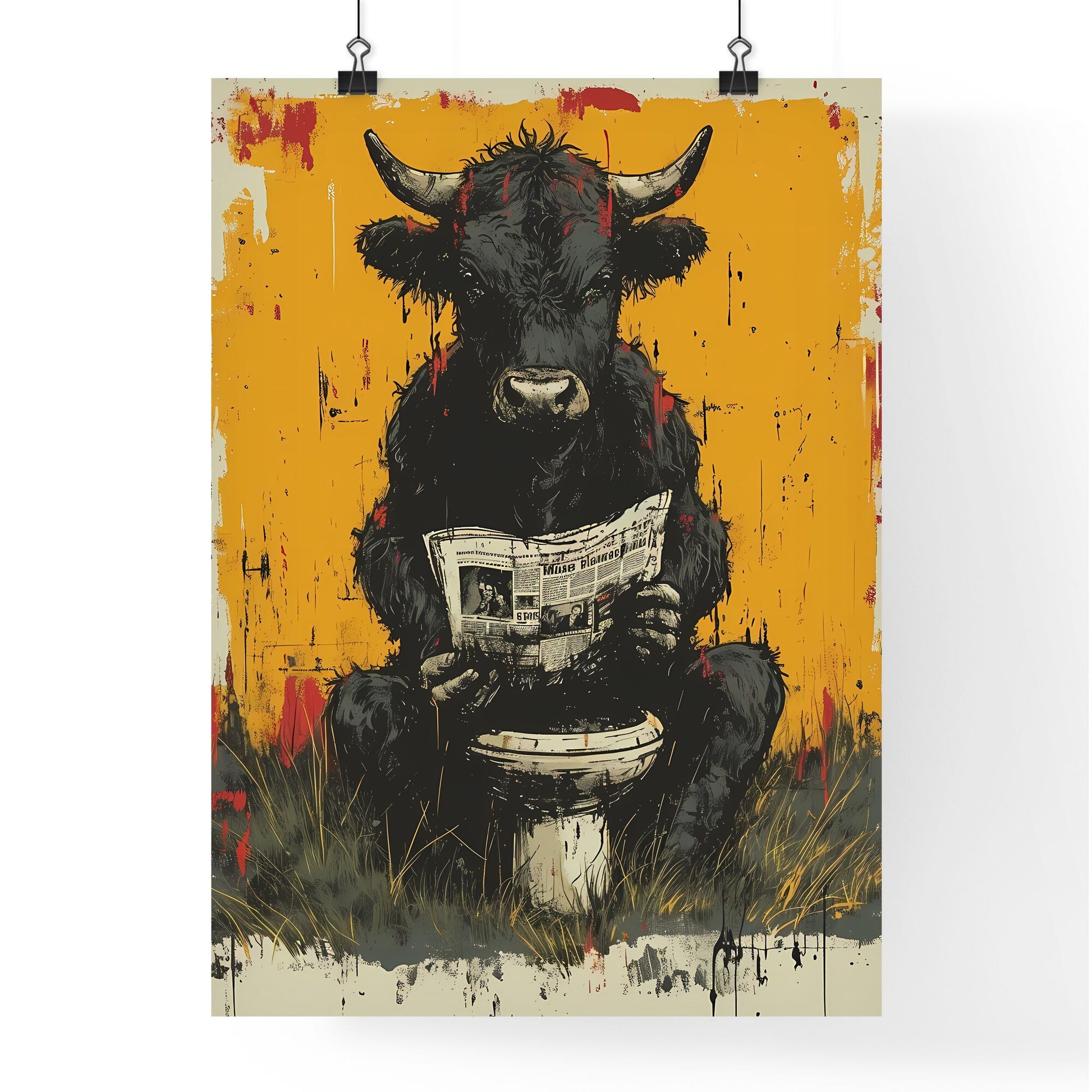 A cow sitting on a tiny toilet - Art print of a bull sitting on a toilet reading a newspaper Default Title