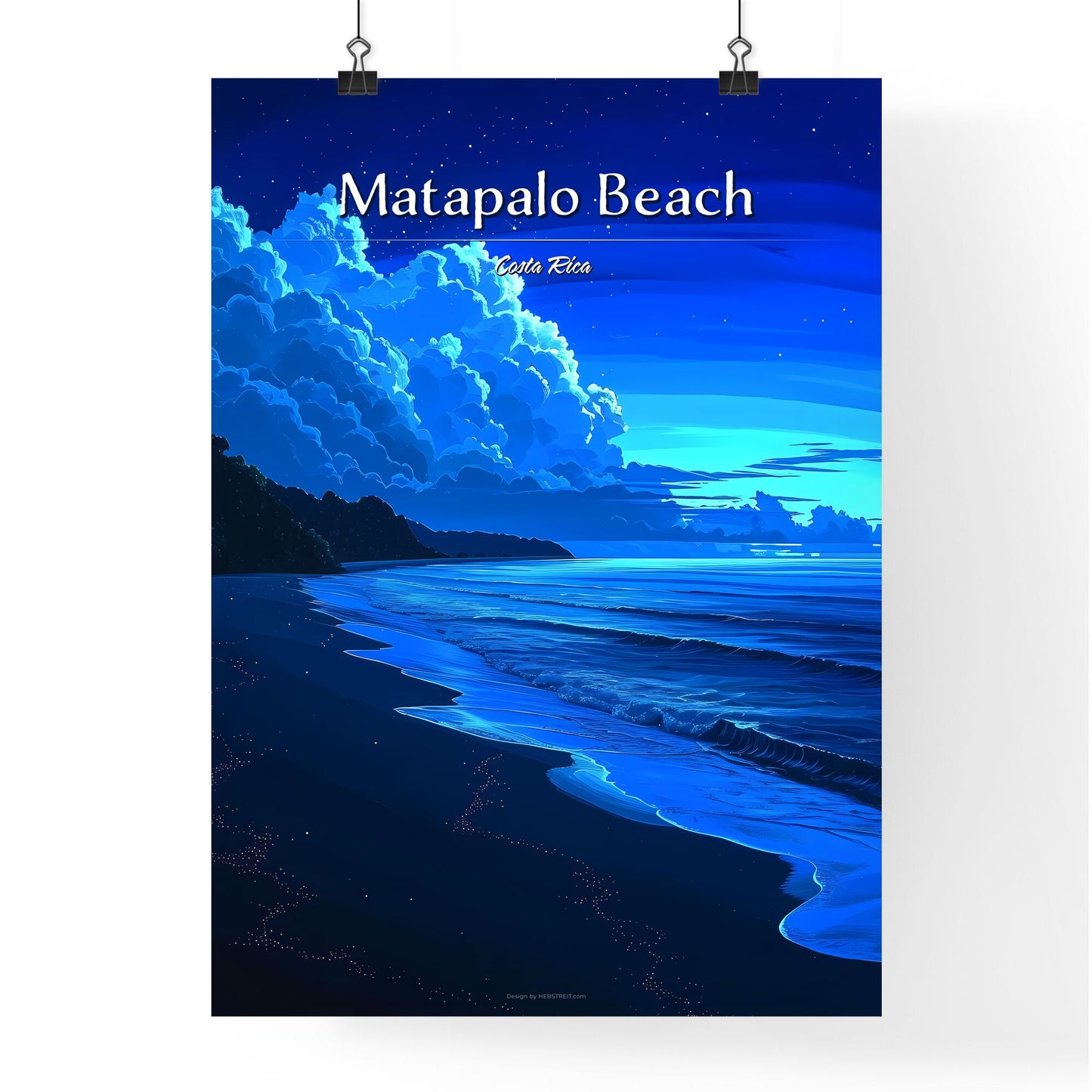 Matapalo Beach, Costa Rica - Art print of a beach at night with clouds and blue sky Default Title