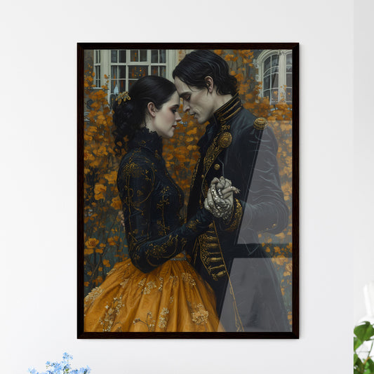 A skeleton slow dances with a beautiful - Art print of a man and woman in black and gold dress Default Title