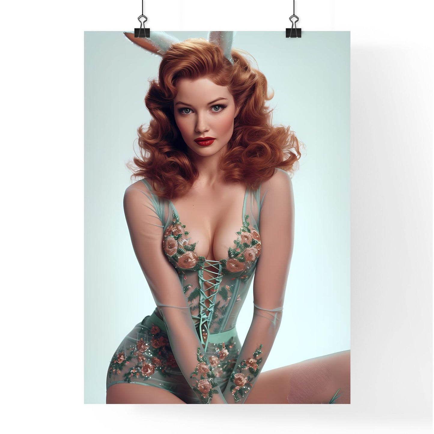 Poster of a pin up with white background - Art print of a woman in a green dress Default Title